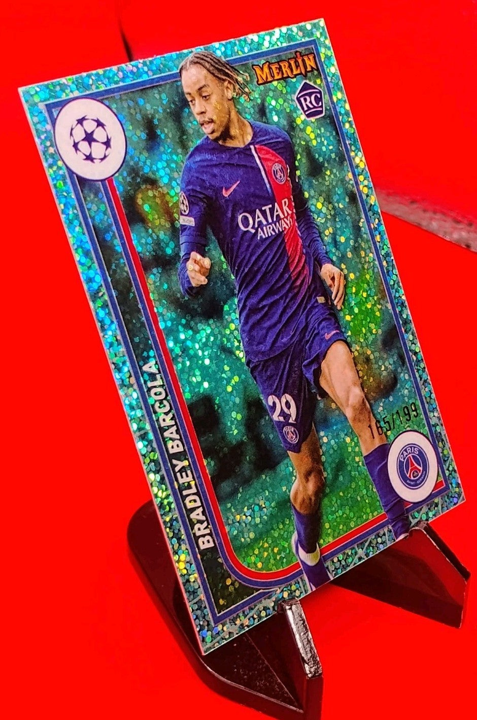 Bradley Barcola 2023-24 Topps Merlin UEFA #96 Aqua Speckle Refractor #165/199 🔥