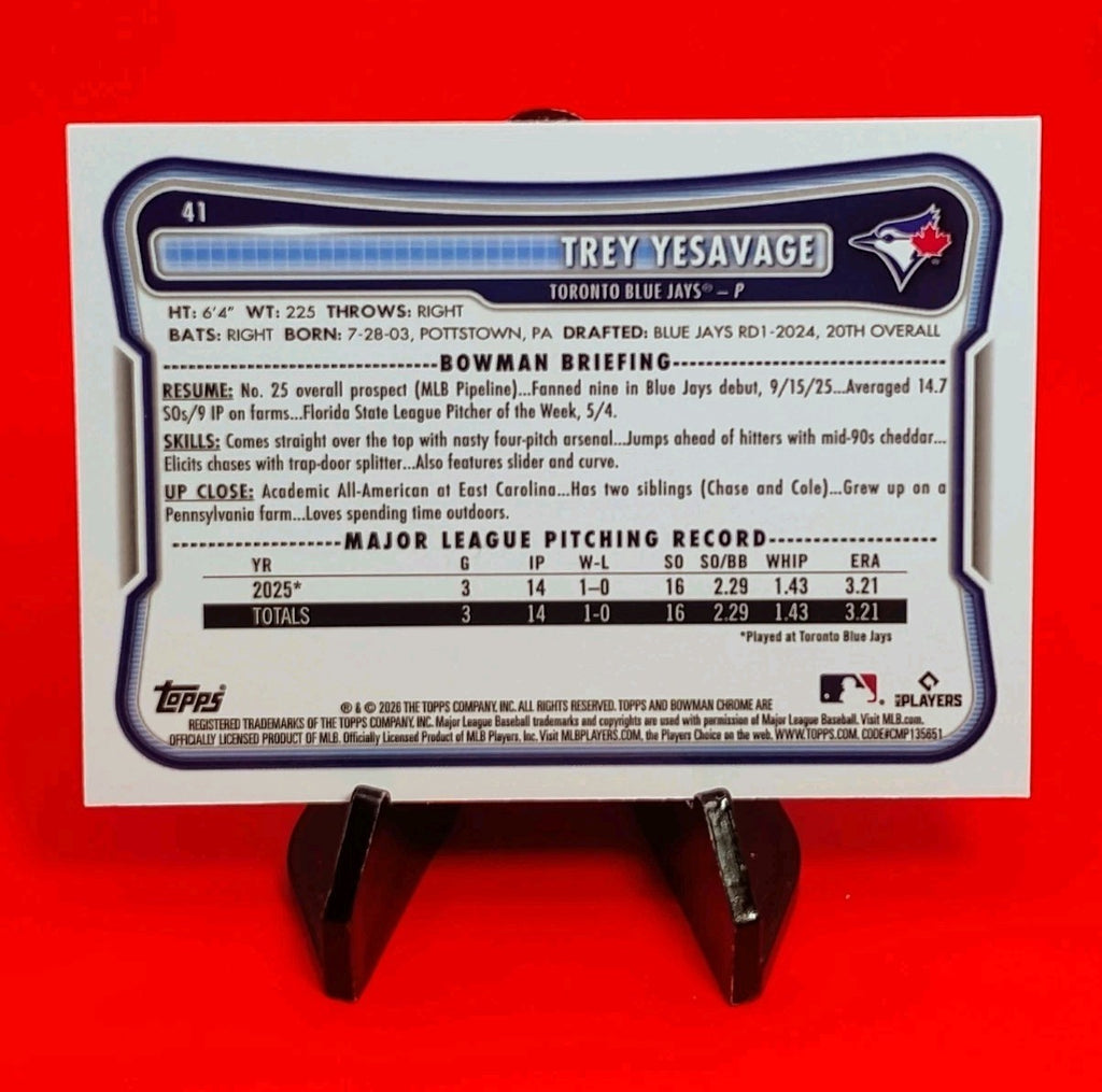 Trey Yesavage 2026 Bowman Chrome RC #41 Navy Blue Mojo Refractor #161/175 🔥💎