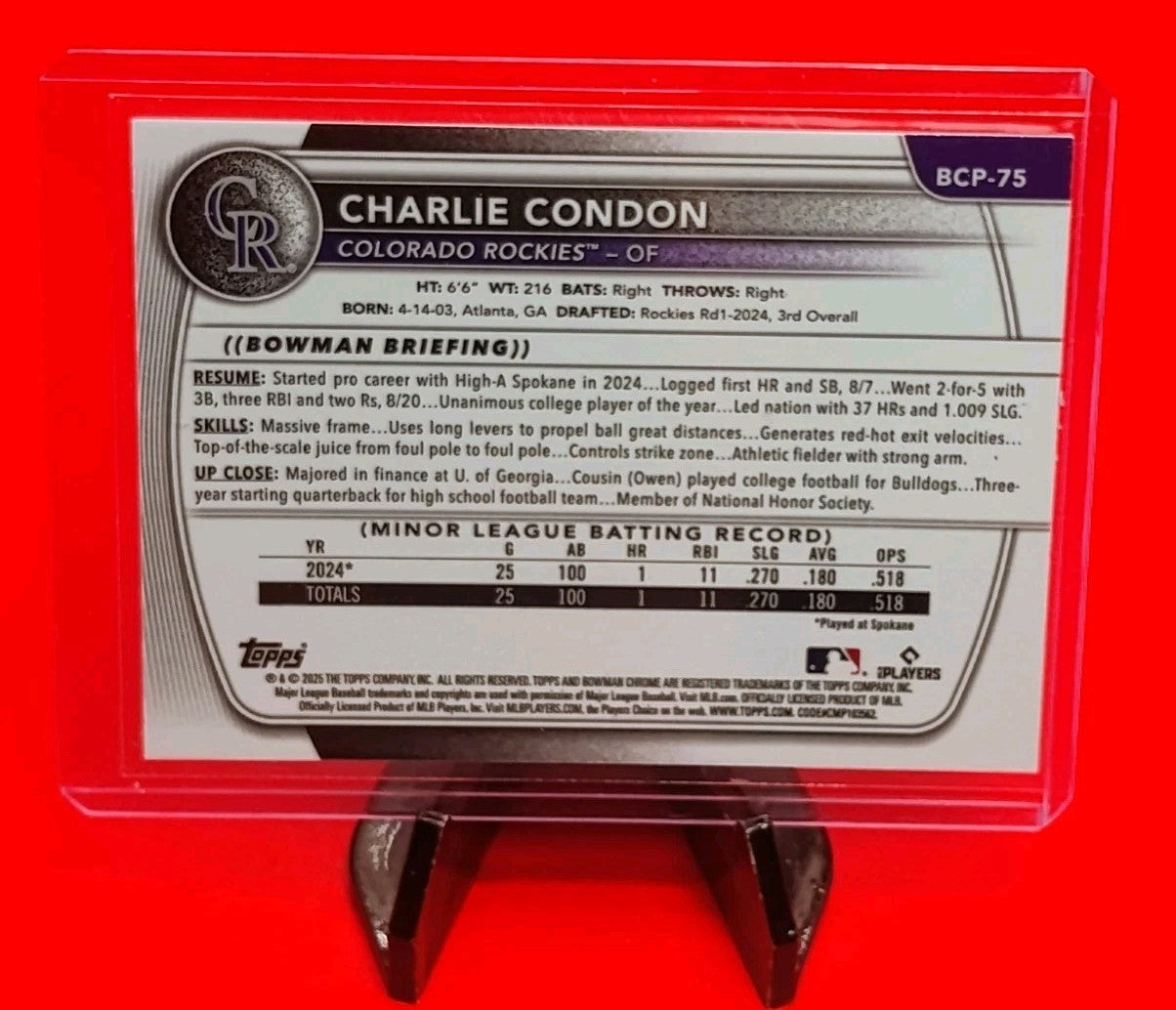 Charlie Condon 2025 Bowman 1st Chrome #BCP-75 Mojo Refractor Colorado Rockies 💎