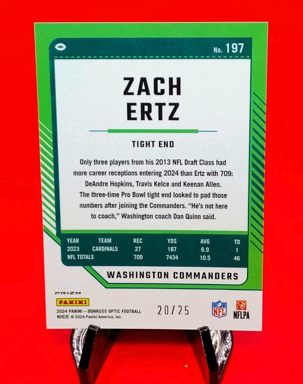Zach Ertz 2024 Donruss Optic #197 Black Pandora Prizm #20/25 Arizona Cardinals