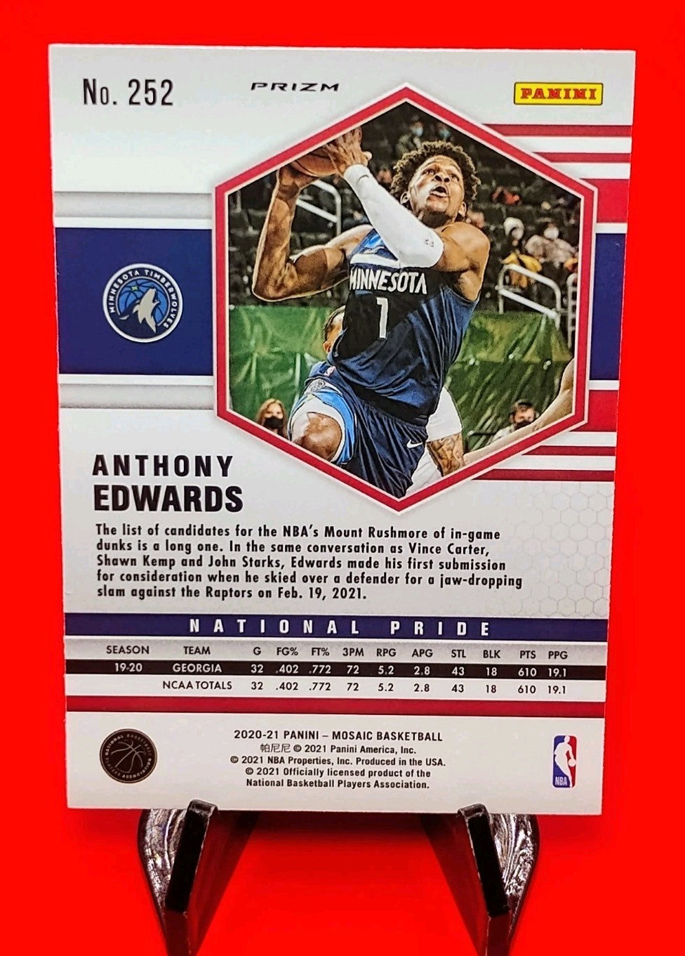 Anthony Edwards 2020-21 Panini Mosaic National Pride RC #252 Red Wave Prizm🔥💎