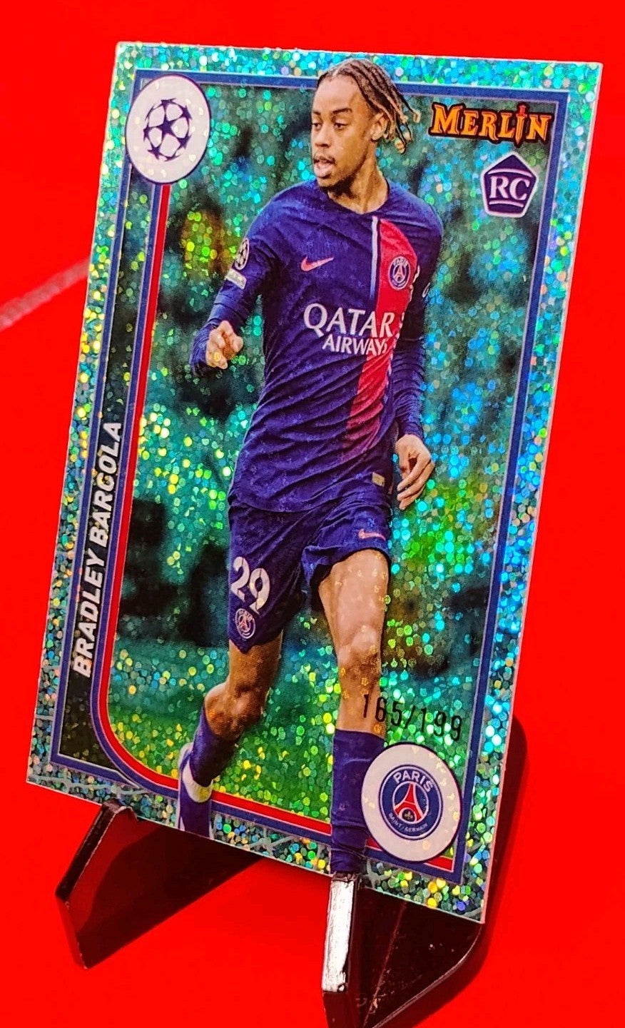 Bradley Barcola 2023-24 Topps Merlin UEFA #96 Aqua Speckle Refractor #165/199 🔥